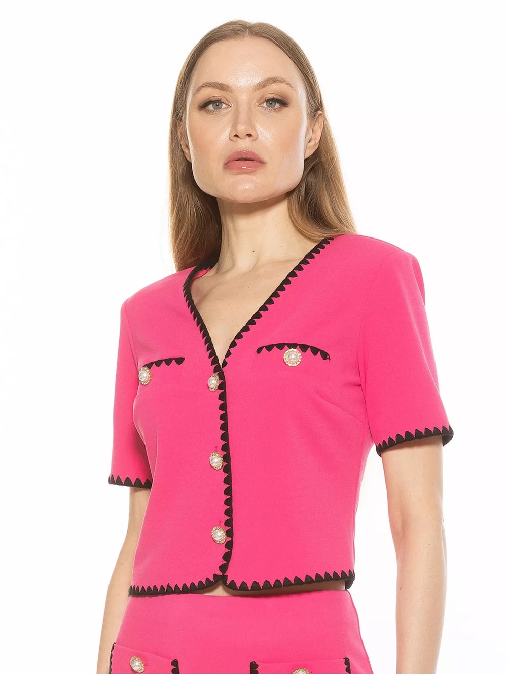 ALEXIA ADMOR Willa Short Sleeve Embroidered Edge Jacket Top (10)